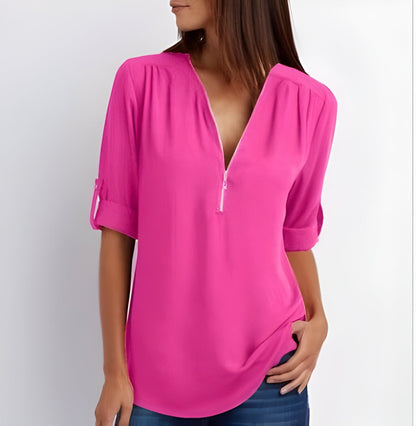 Elegante Damen Bluse mit Reißverschluss-Ausschnitt – Locker & Vielseitig für Alltag & Büro