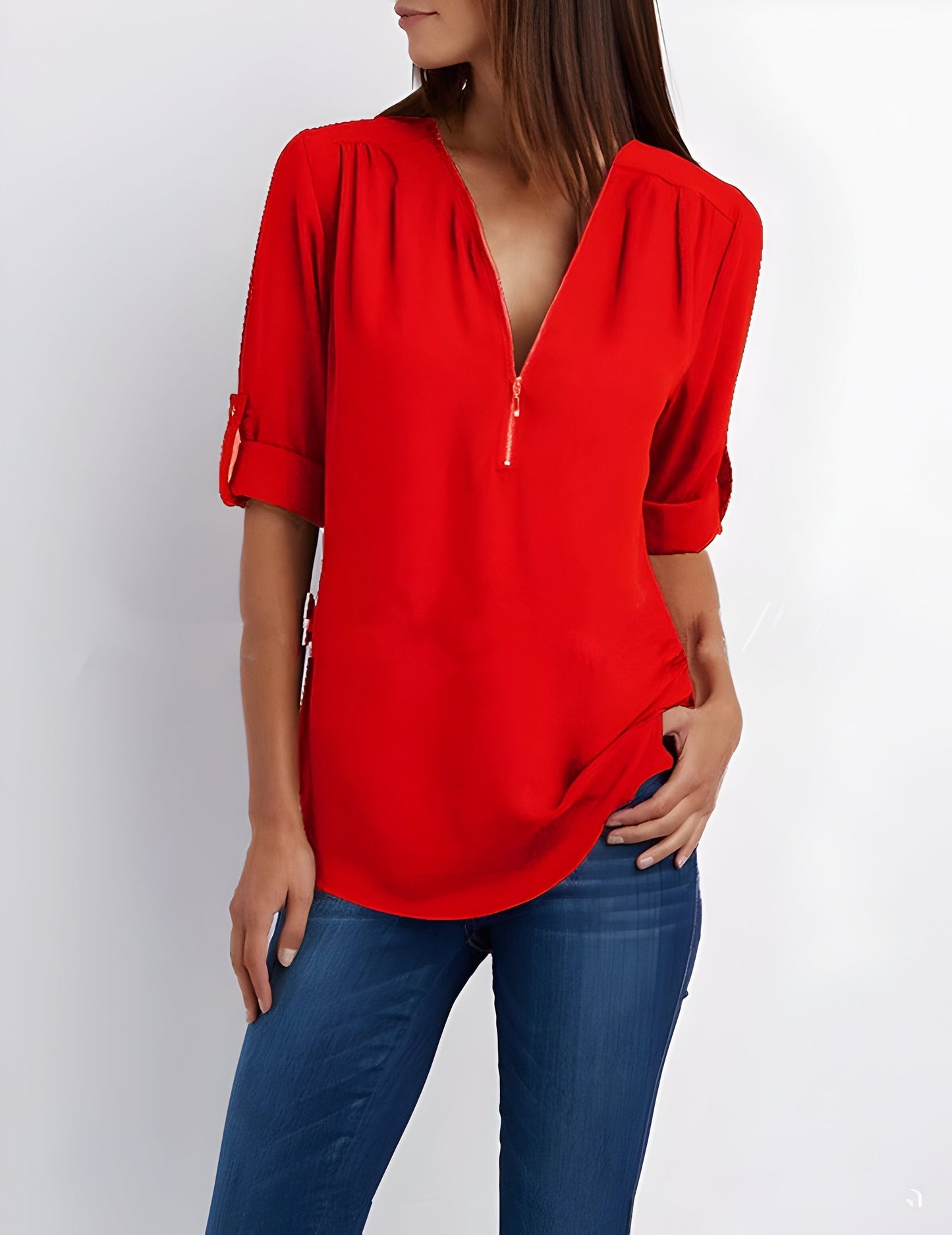 Elegante Damen Bluse mit Reißverschluss-Ausschnitt – Locker & Vielseitig für Alltag & Büro