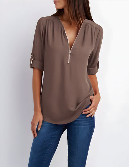 Elegante Damen Bluse mit Reißverschluss-Ausschnitt – Locker & Vielseitig für Alltag & Büro