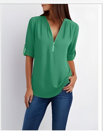 Elegante Damen Bluse mit Reißverschluss-Ausschnitt – Locker & Vielseitig für Alltag & Büro