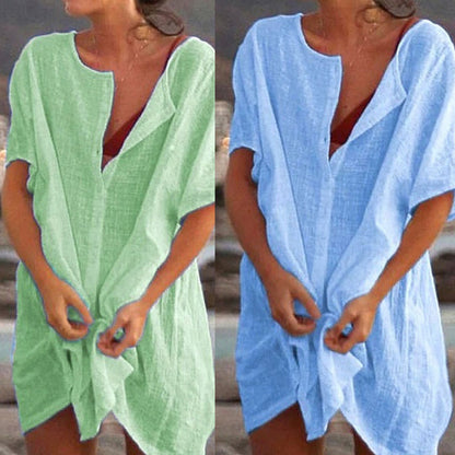 Luftiges Strand-Tunika Kleid mit Knopfleiste & lockerem Schnitt für Damen – Leichtes Sommer Cover-Up