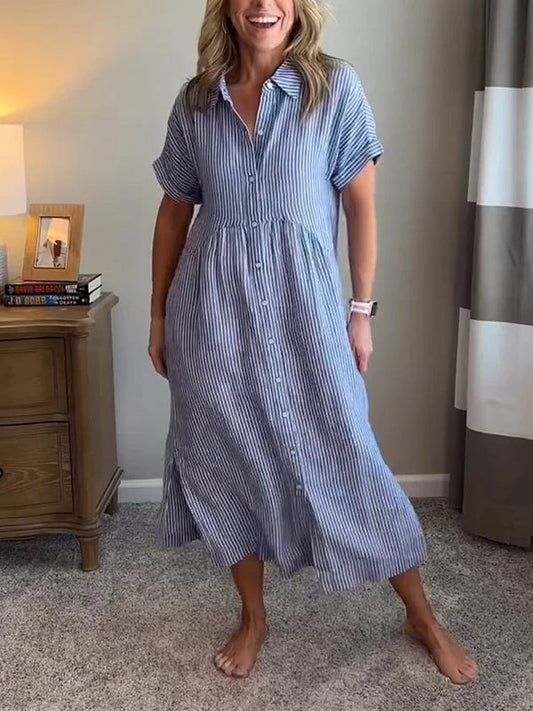 Lässiges gestreiftes Hemdblusenkleid Midi mit Knopfleiste – Luftiges Sommerkleid mit Taschen für Damen