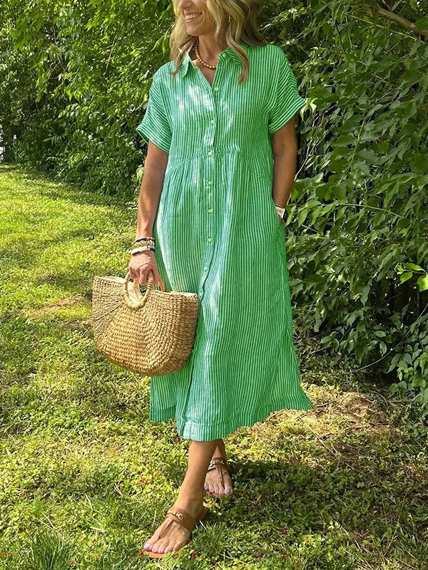 Lässiges gestreiftes Hemdblusenkleid Midi mit Knopfleiste – Luftiges Sommerkleid mit Taschen für Damen
