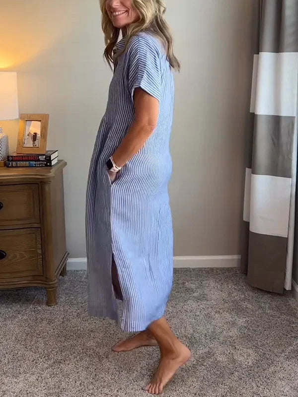 Lässiges gestreiftes Hemdblusenkleid Midi mit Knopfleiste – Luftiges Sommerkleid mit Taschen für Damen
