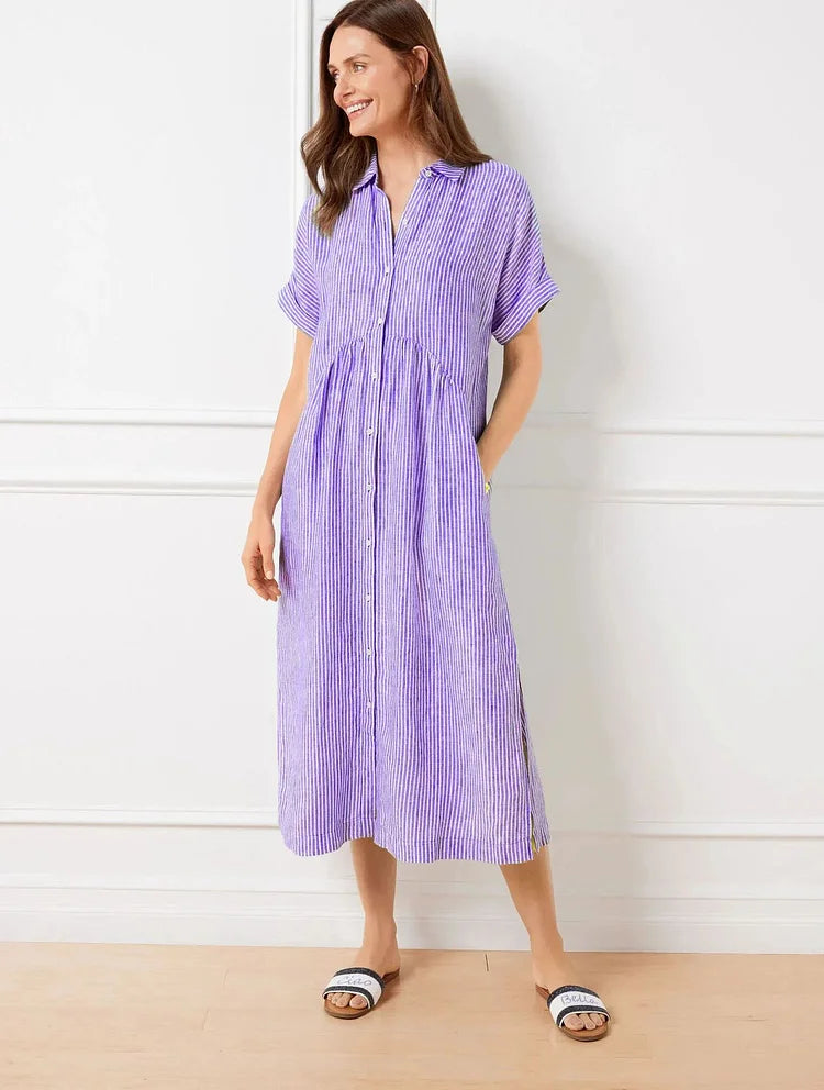 Lässiges gestreiftes Hemdblusenkleid Midi mit Knopfleiste – Luftiges Sommerkleid mit Taschen für Damen