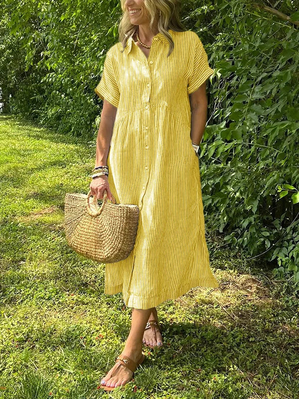 Lässiges gestreiftes Hemdblusenkleid Midi mit Knopfleiste – Luftiges Sommerkleid mit Taschen für Damen