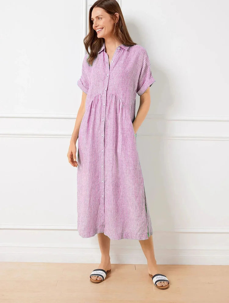 Lässiges gestreiftes Hemdblusenkleid Midi mit Knopfleiste – Luftiges Sommerkleid mit Taschen für Damen