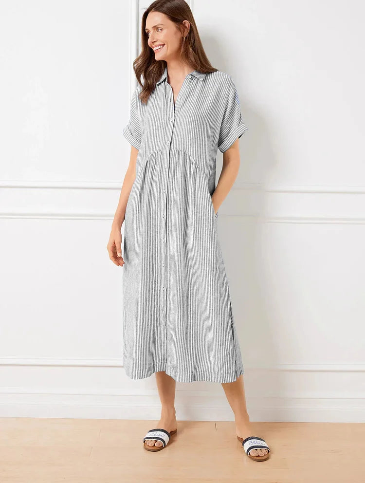 Lässiges gestreiftes Hemdblusenkleid Midi mit Knopfleiste – Luftiges Sommerkleid mit Taschen für Damen