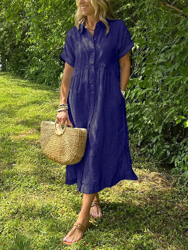Lässiges gestreiftes Hemdblusenkleid Midi mit Knopfleiste – Luftiges Sommerkleid mit Taschen für Damen