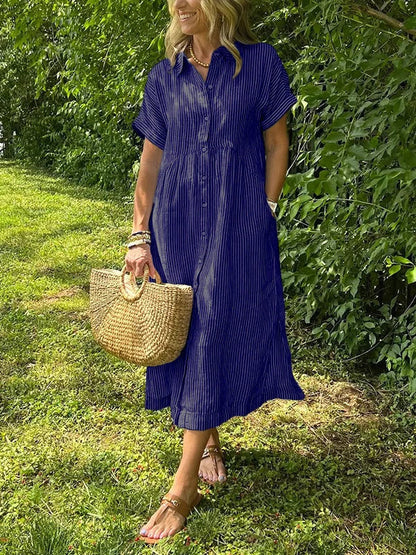 Lässiges gestreiftes Hemdblusenkleid Midi mit Knopfleiste – Luftiges Sommerkleid mit Taschen für Damen