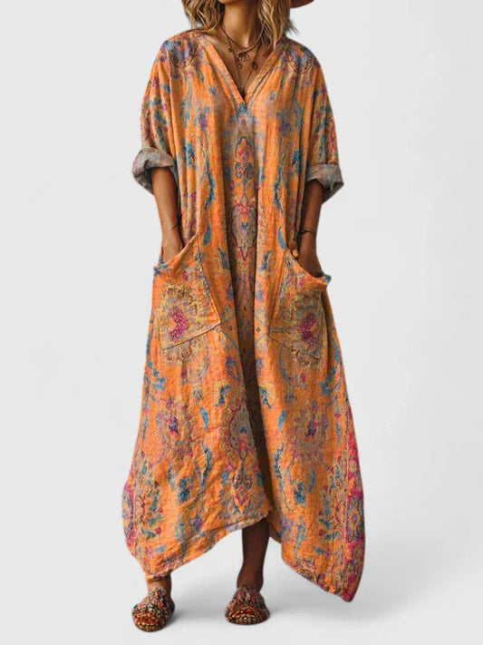 Boho Maxikleid für Damen mit Print & Taschen – Lockeres Oversize Sommerkleid im Vintage Stil