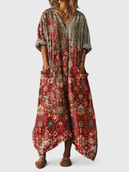 Boho Maxikleid für Damen mit Print & Taschen – Lockeres Oversize Sommerkleid im Vintage Stil