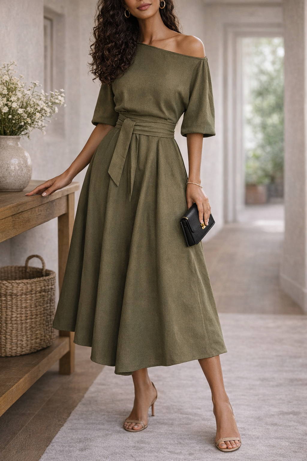 Elegantes Midikleid mit Taillengürtel für Damen – Feminines Swing Kleid für besondere Anlässe