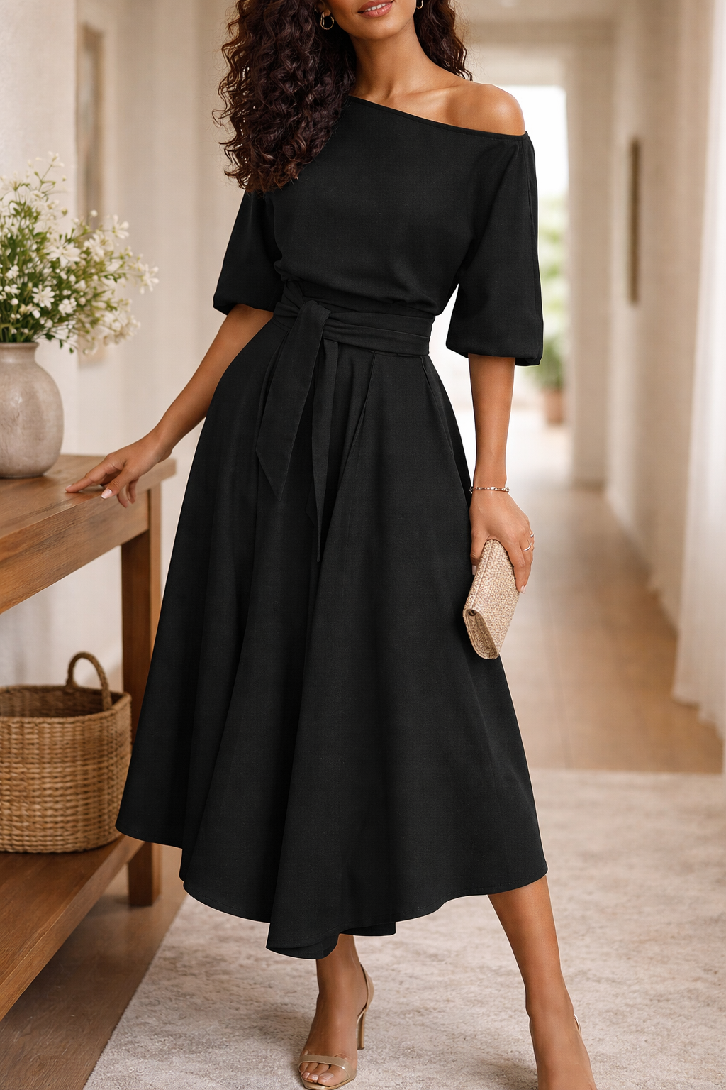 Elegantes Midikleid mit Taillengürtel für Damen – Feminines Swing Kleid für besondere Anlässe