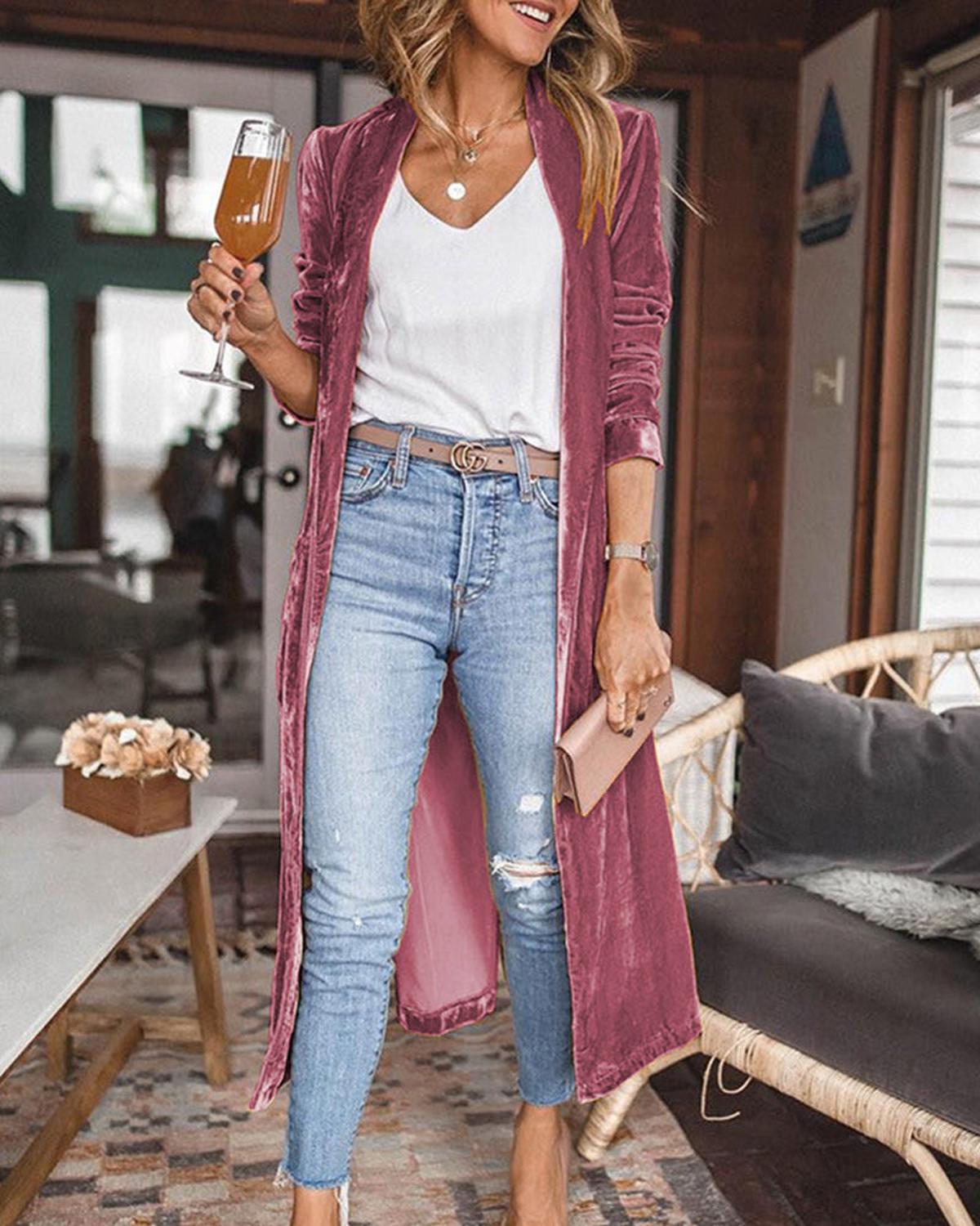 Langer Samt Cardigan Mantel für Damen – Eleganter Velours Kimono Style
