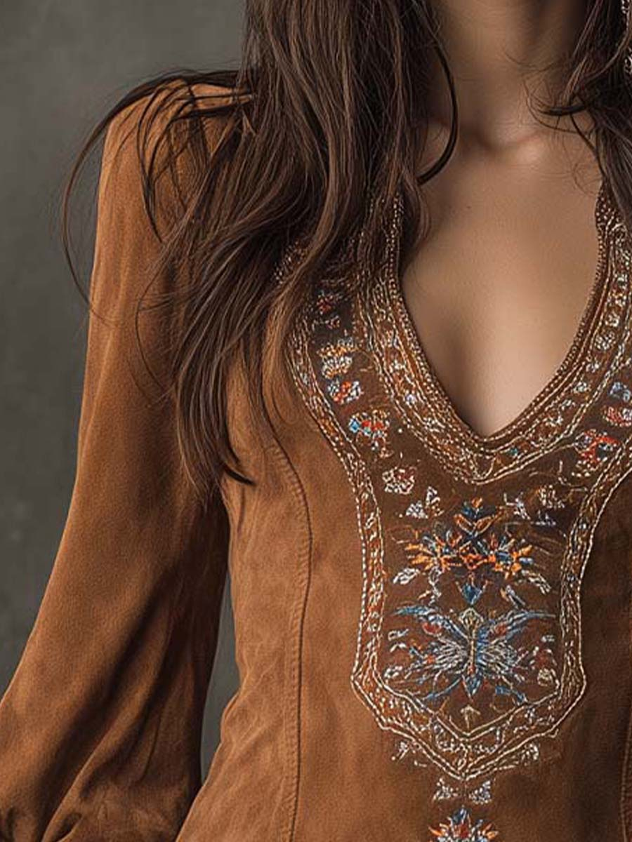 Elegantes Mini Kleid mit Stickerei – Figurbetontes V-Ausschnitt Boho Kleid für Damen