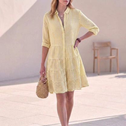 Gestreiftes Hemdblusenkleid für Damen – Leichtes Sommerkleid mit Knopfleiste & Volantrock