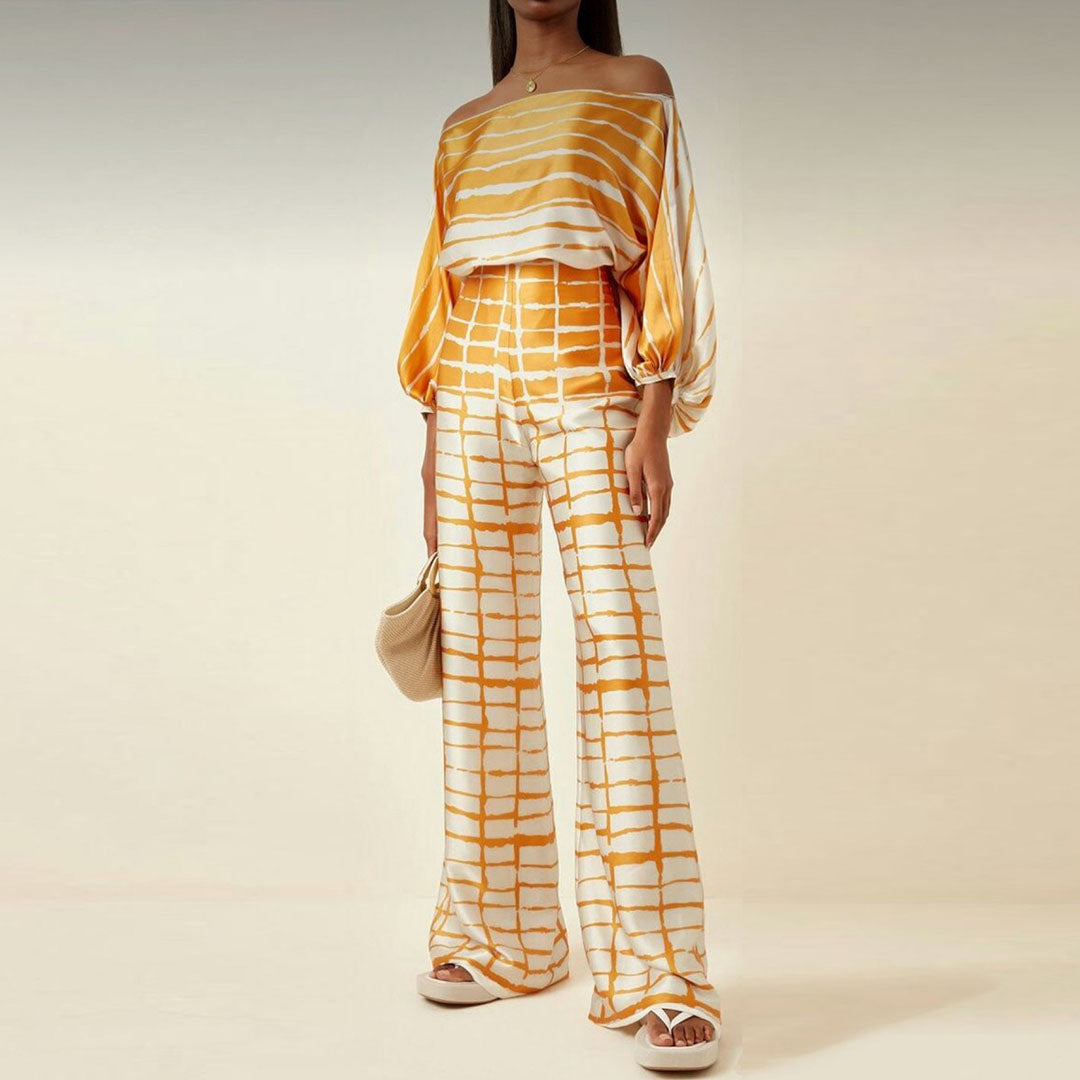 Maëlys - Elegantes Zweiteiliges Ensemble für Frühling und Sommer mit Weiten Ärmeln und Off-Shoulder Design, Hochtaillierte Palazzo-Hosen und Glänzenden Mustern