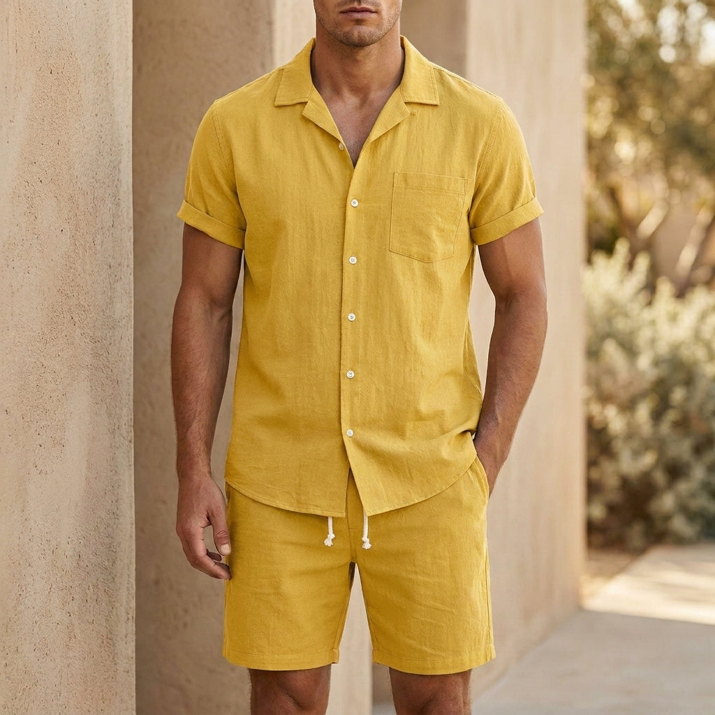 Lässiges Leinen Set mit Kurzarmhemd und Shorts für Herren – Atmungsaktives Sommer Outfit Zweiteilig