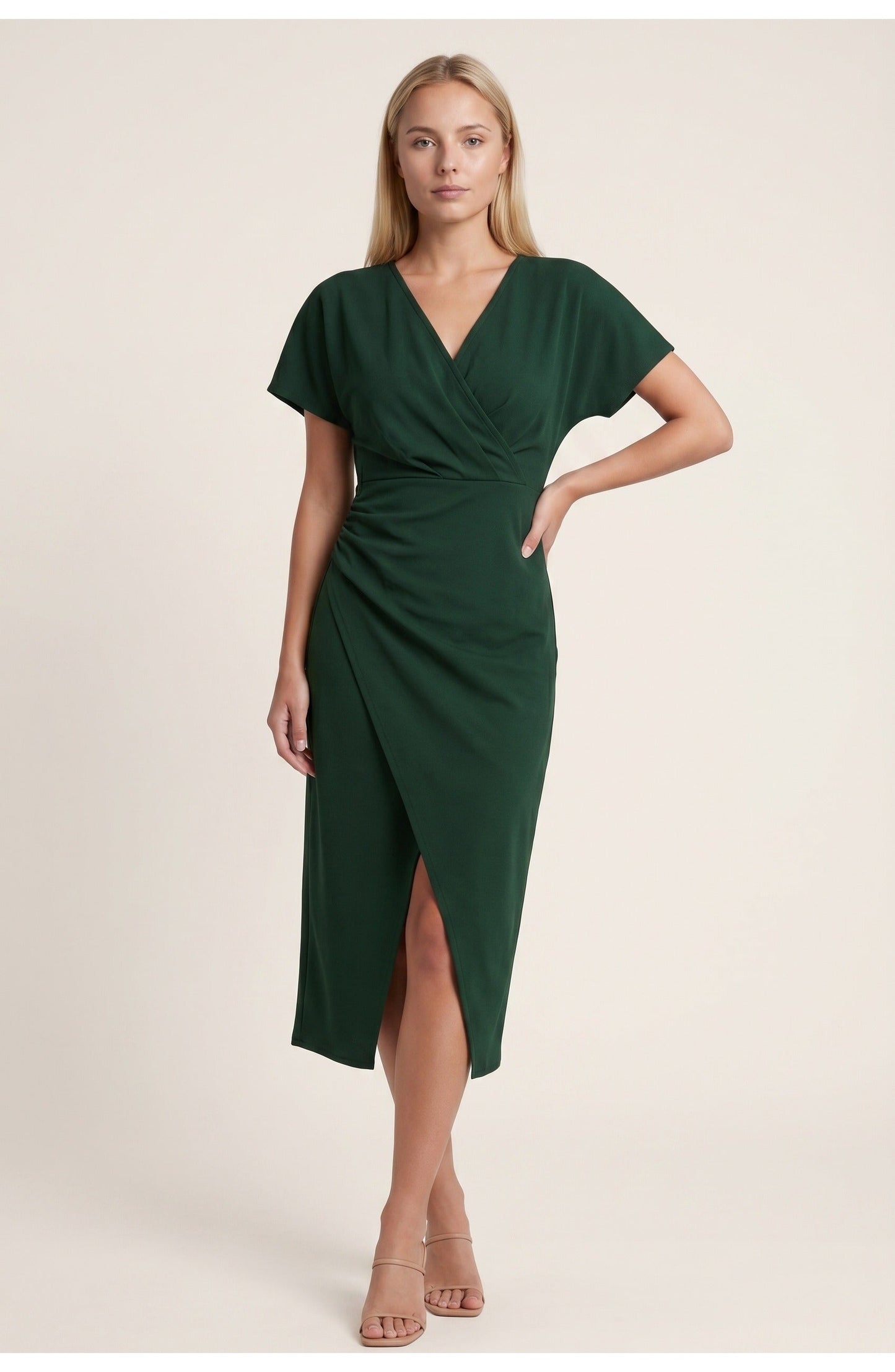 Elegantes Wickelkleid mit V-Ausschnitt für Damen – Figurbetontes Midikleid mit Taillenraffung & Schlitz