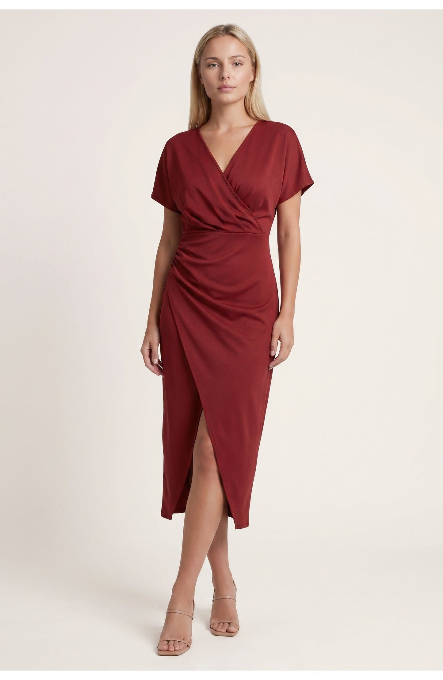 Elegantes Wickelkleid mit V-Ausschnitt für Damen – Figurbetontes Midikleid mit Taillenraffung & Schlitz