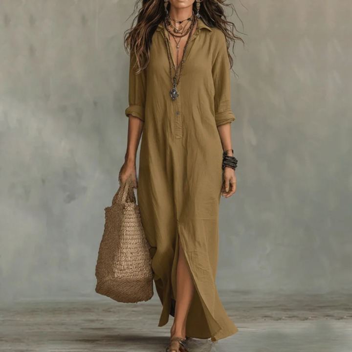 Langes Maxikleid mit Hemdkragen für Damen – Luftiges Freizeitkleid mit V-Ausschnitt & Langarm