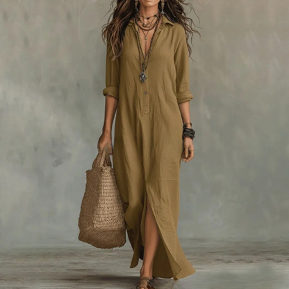 Langes Maxikleid mit Hemdkragen für Damen – Luftiges Freizeitkleid mit V-Ausschnitt & Langarm