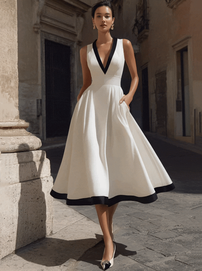 Adorine - Elegantes Midi-Kleid mit V-Ausschnitt, A-Linie, Kontrastbesatz und Taschen