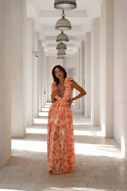 Elegantes Maxikleid mit Floralprint & Volantärmeln – Luftiges Sommerkleid für Damen
