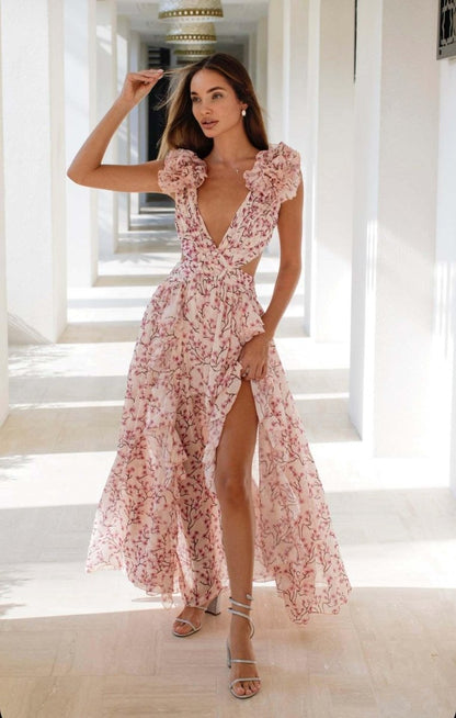 Elegantes Maxikleid mit Floralprint & Volantärmeln – Luftiges Sommerkleid für Damen