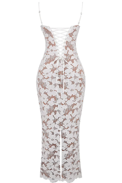 Elegantes Spitzen Maxi Kleid für Damen – Figurbetont & Rückenfrei mit Schnürung