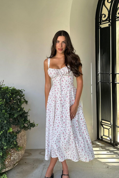 Romantisches Midi Sommerkleid für Damen – Floraler Print & Figurbetonte Passform mit Schnürung