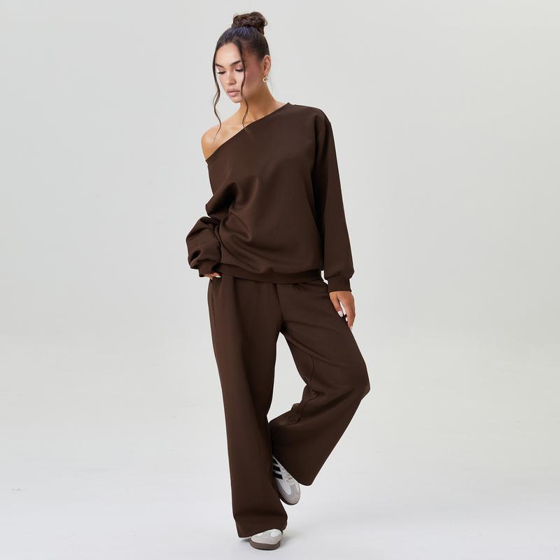Lässiges Damen Lounge Set mit One-Shoulder Sweatshirt – Bequemer Zweiteiler mit weiter Hose