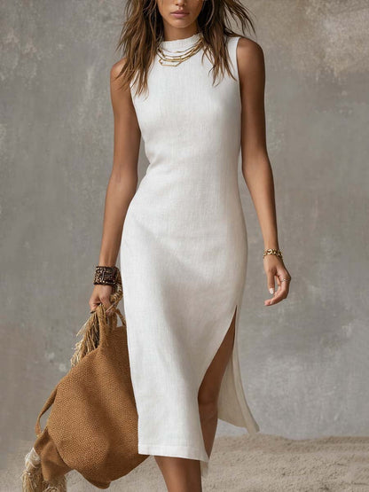 Ärmelloses Midi Kleid für Damen – Elegantes Sommerkleid mit Seitenschlitz & figurbetonter Passform