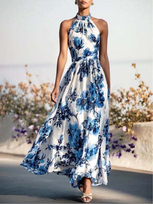 Florivie - Maxikleid aus Leinen, ärmellos, mit Halterneck, Blumenmuster, Vintage, weiß mit blauen Blumen