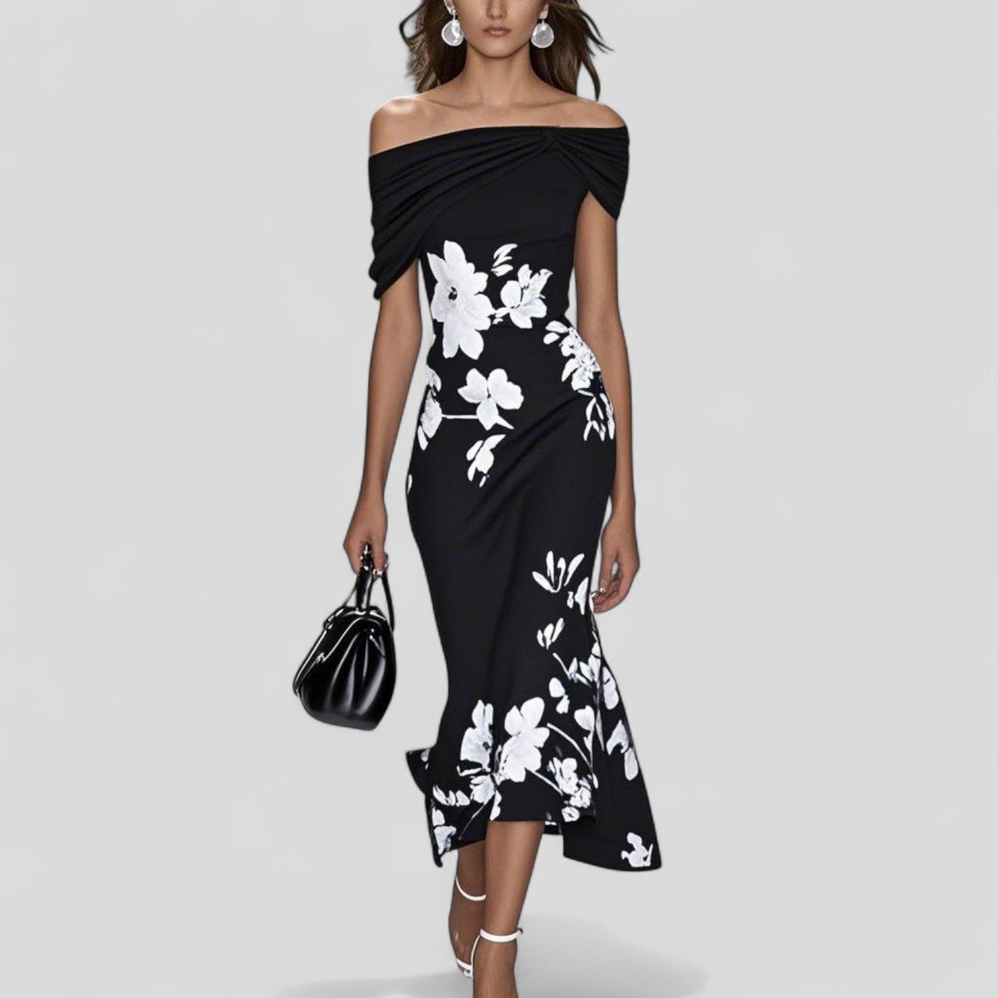 Florales Midikleid für Damen – Elegantes Off-Shoulder Kleid mit Figurbetonter Passform