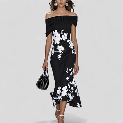 Florales Midikleid für Damen – Elegantes Off-Shoulder Kleid mit Figurbetonter Passform