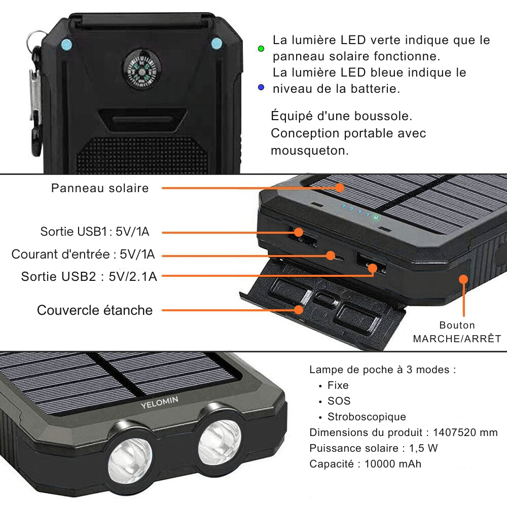 SolaMax - Solar Batterie 10 000 mAh – Wasserdicht und Stoßfest – Solaraufladbar