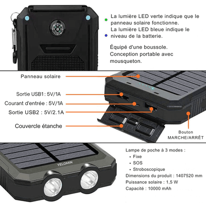 SolaMax - Solar Batterie 10 000 mAh – Wasserdicht und Stoßfest – Solaraufladbar