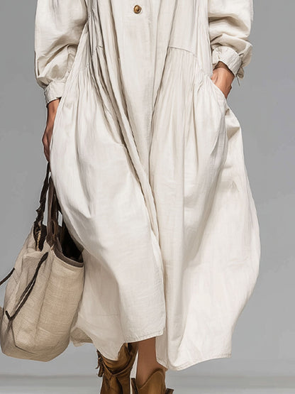 Knopfleisten-Midikleid für Damen – Lockeres Boho Kleid mit Ballonärmeln & Praktischen Taschen