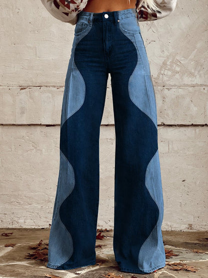 High Waist Wide Leg Jeans mit Farbkontrast – Modische Patchwork Denim Hose für Damen