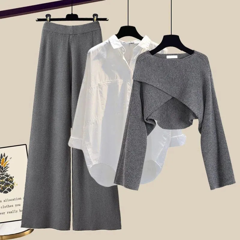 Elegantes 3-teiliges Outfit Set für Damen mit weiter Hose Bluse und modernem Crop Pullover