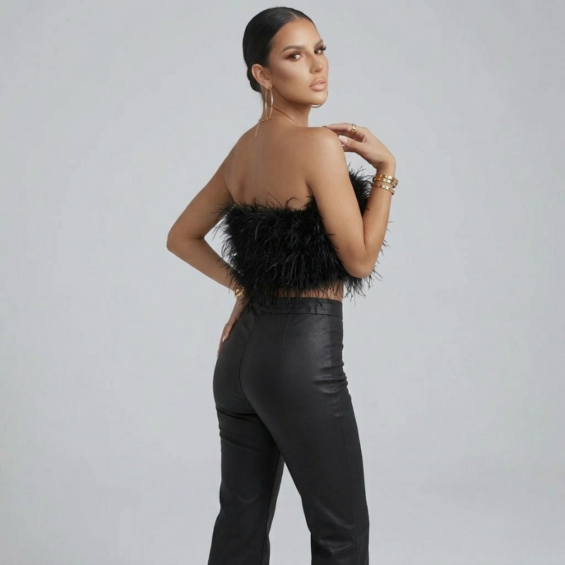 Elegantes Bandeau Feder-Top für Damen – Glamouröses Crop Top trägerlos & Statement-Look