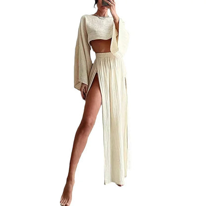 Alizenne - Leichtes und Elegantes Sommerensemble aus Leinen für den Urlaub, bestehend aus einem Langarm-Crop-Top mit weitem Schnitt und einem Maxi-Rock mit doppeltem seitlichen Schlitz