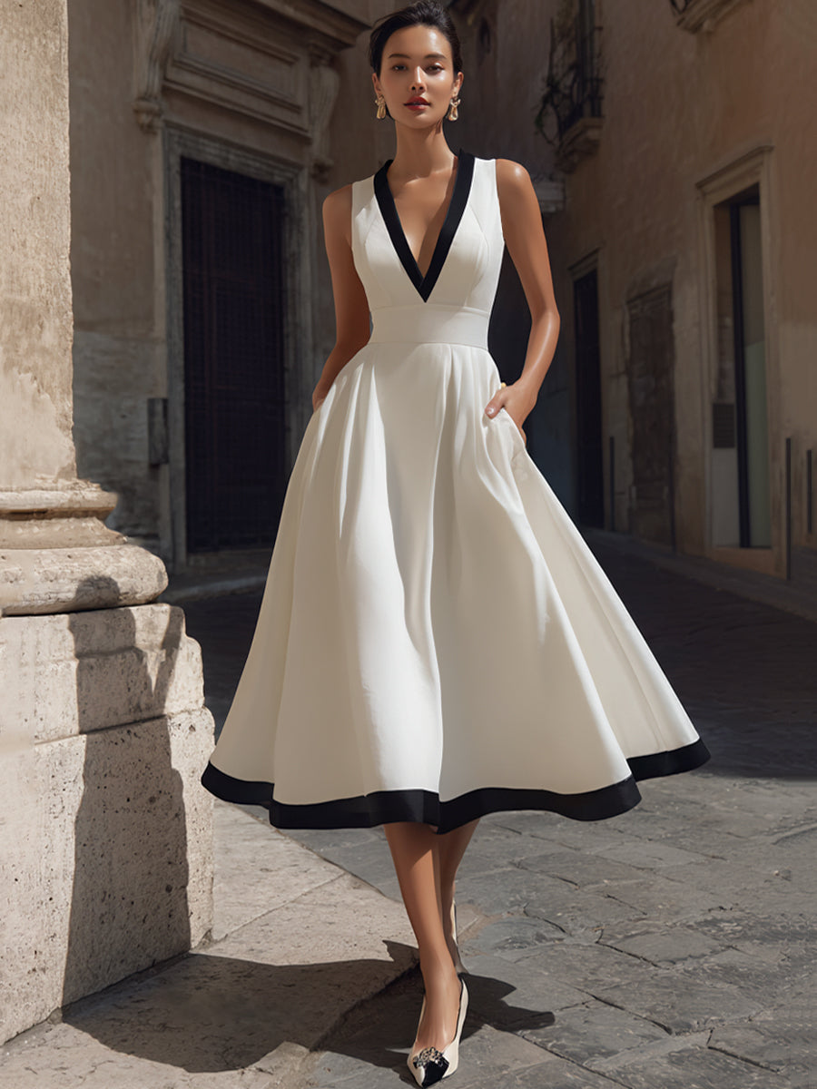 Adorine - Elegantes Midi-Kleid mit V-Ausschnitt, A-Linie, Kontrastbesatz und Taschen