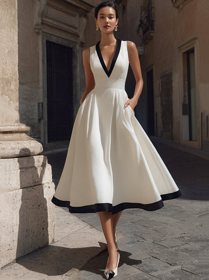 Adorine - Elegantes Midi-Kleid mit V-Ausschnitt, A-Linie, Kontrastbesatz und Taschen