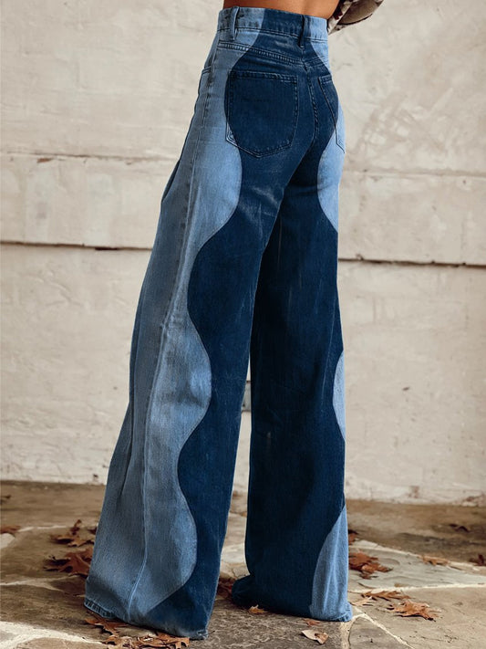 High Waist Wide Leg Jeans mit Farbkontrast – Modische Patchwork Denim Hose für Damen