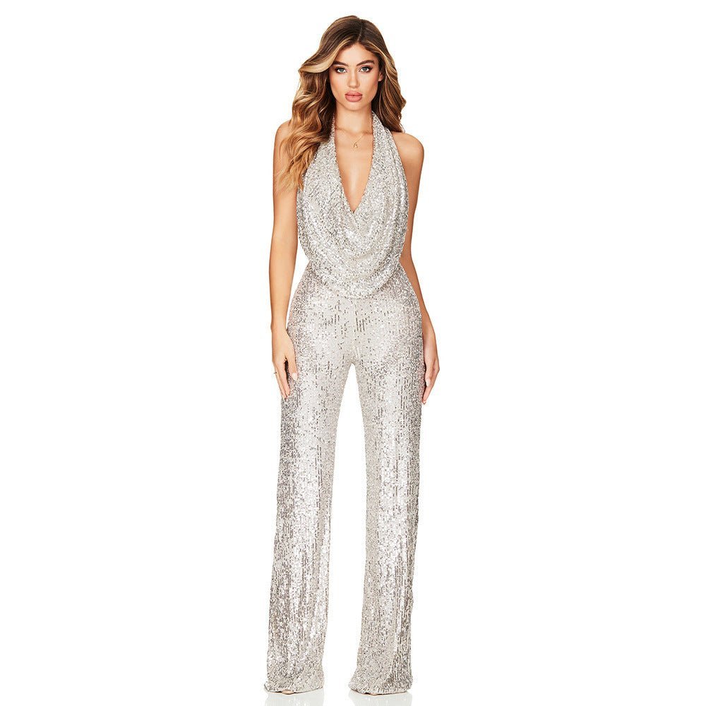 Eleganter Pailletten Jumpsuit mit Neckholder für Damen – Glamouröser Party & Abendlook