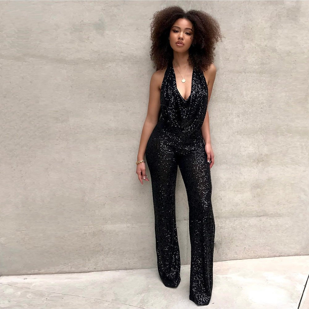 Eleganter Pailletten Jumpsuit mit Neckholder für Damen – Glamouröser Party & Abendlook