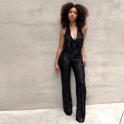 Eleganter Pailletten Jumpsuit mit Neckholder für Damen – Glamouröser Party & Abendlook